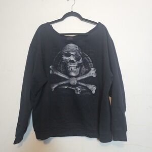 Vintage Y2k Crewneck Mens XL Skull Crossed Bones Pirate 2000s USA Off Shoulder